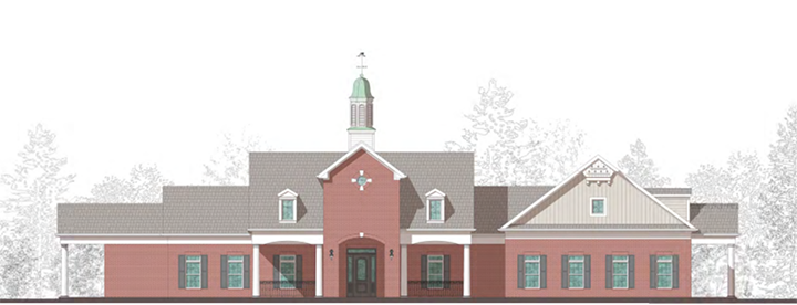 This rendering shows a front view of the complex’s clubhouse. (Source: City of Westfield)