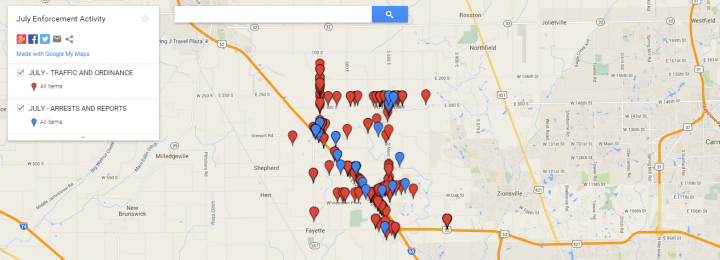 A screenshot of Whitestown’s interactive crime map with July data. (Source: whitestownpolice.org)