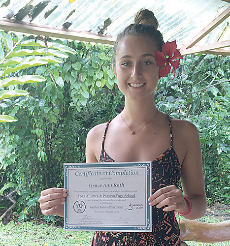 Grace Roth travelled to Costa Rica to earn her yoga teaching certification. She plans to begin teaching private yoga sessions locally soon. (Submitted photo)