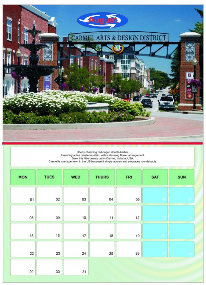 A Carmel roundabout on Main Street is featured in the U.K. Roundabout Appreciation Society’s 2016 calendar. (Screenshot)