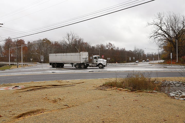 The new roundabout at U.S. 421 and Ind. 32 will close beginning Nov. 2 for repair to the mountable curb. (Photo by Ann Marie Shambaugh) 