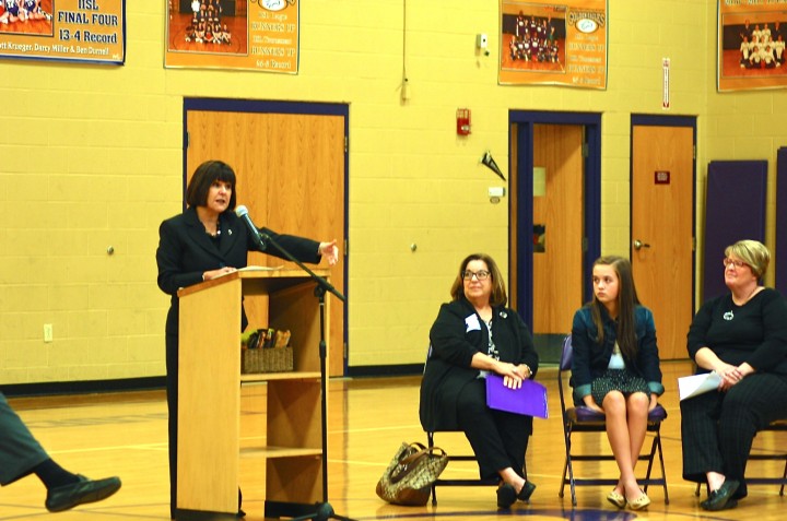 Indiana First Lady Karen Pence speaks to students at TPCA as Scholastic’s Bridget Lake, TPCA seventh grader and top reader Rachel Croner and media specialist Beth Kerr watch nearby. (Photo by Heather Lusk)