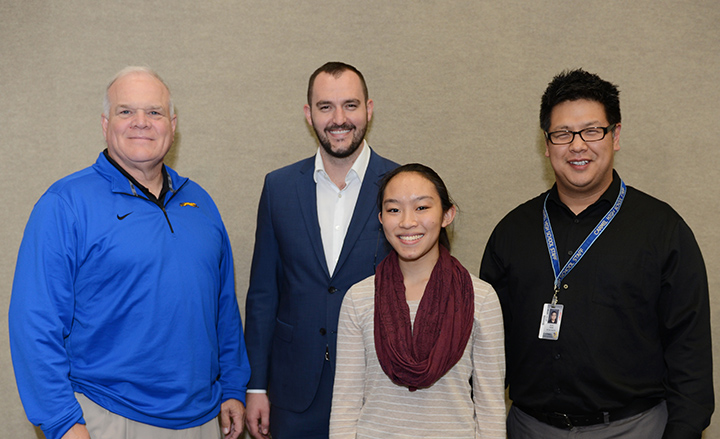 From left, CHS Principal John Williams, Jason Riley of Market District, student Sarah Tinaphong and CHS orchestra teacher Soo Han at the Teacher of the Month luncheon. (Photo by Theresa Skutt)