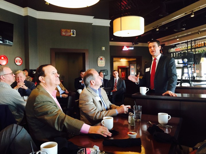 Todd Young, right, speaks to Hamilton County republicans on Nov. 11. (Photo by Adam Aasen)