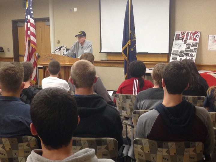 Robert Swift speaks to the military club at Carmel High School. (submitted photo)
