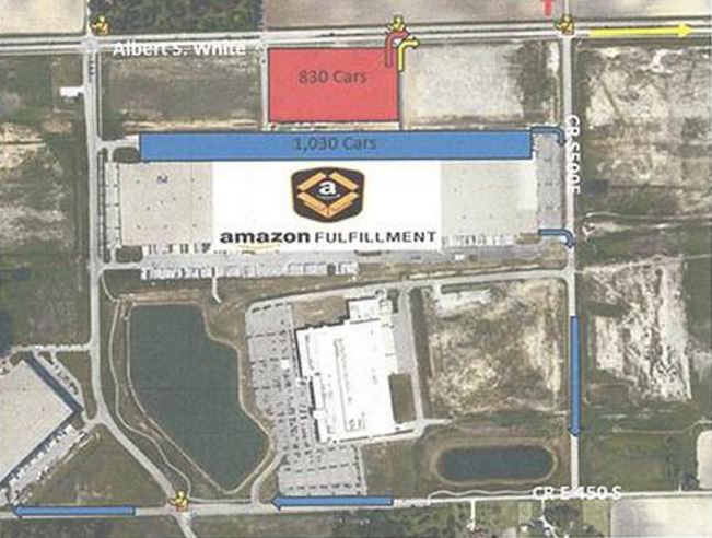 The Whitestown Police Department released a map to show expected traffic routes surrounding the Amazon Fulfillment Center. (Submitted photo)
