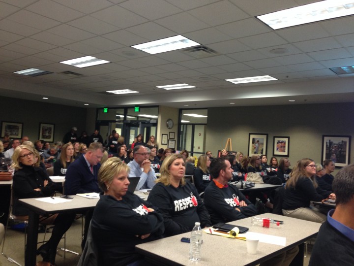 A packed house attended the school board meeting Nov. 9, with many wearing black T-shirts that stated “RESPECT.” (Photo by Sam Elliott) 
