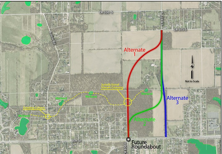 Three possible routes have been identified for a future north-south road in west Zionsville. (Submitted photo)