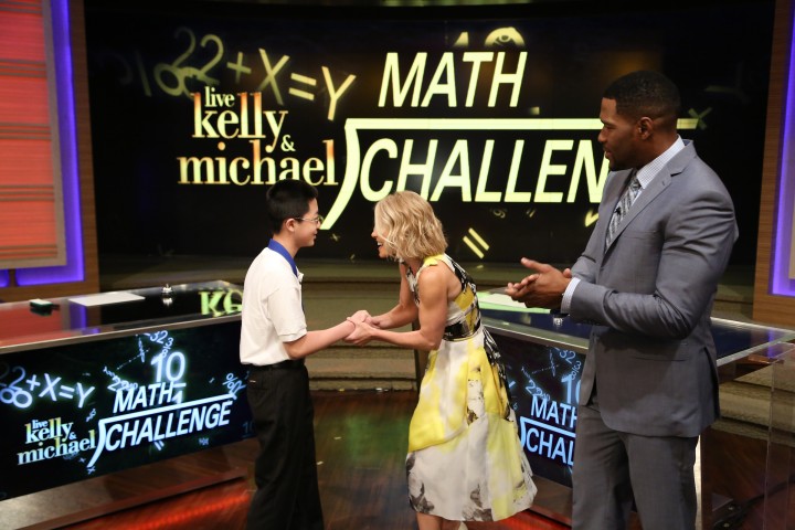 Kelly Ripa and Michael Strahan talk with 2015 MATHCOUNTS National Champion Kevin Liu during the production of "LIVE with Kelly and Michael" in New York on Monday, May 11, 2015. Photo: David M. Russell/Disney/ABC Home Entertainment and Television Distribution ©2015 Disney ABC. All Rights Reserved.