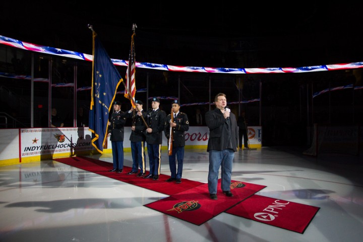 Fishers resident Eric Wickens sings the national anthem prior to an Indy Fuel game earlier this season at Indiana Farmers Coliseum. (Submitted photo)