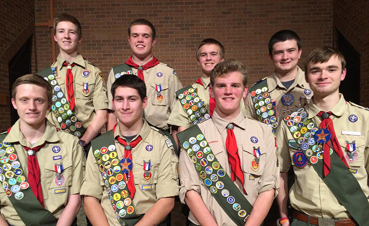 The eight Scouts receiving an Eagle badge are, back row from left, Jesper Wiebke, Burk Evans, Logan Witt, Matthew Bricker, and front row, Harrison Davis, Zach Badger, Luther Rice and Brian O’Leary. (photo by Mark Ambrogi)