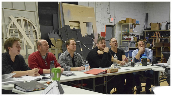 The cast during a recent rehearsal. From left, John Collins, John Vessel, Don Farrell, Craig Underwood, Rory Shivers-Brimm, and Paul Nicely. (Submitted ￼photo)
