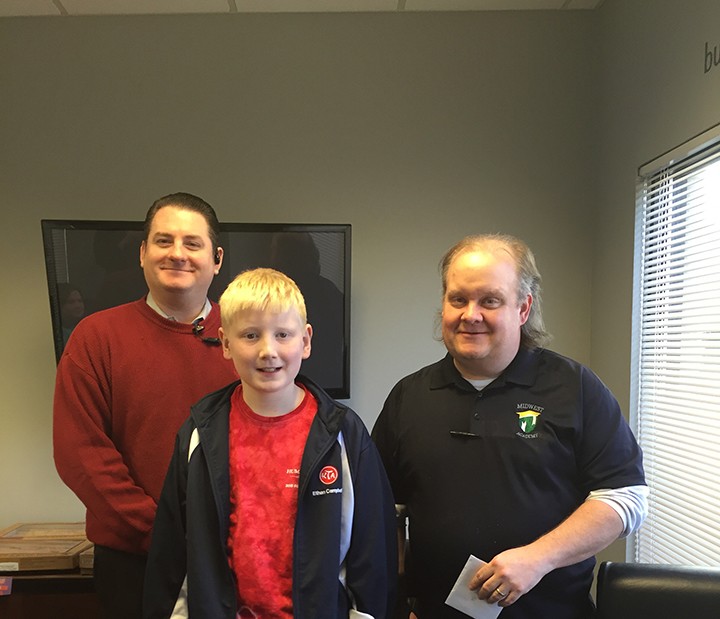 From left, Dan Mixan of Market District, student Ethan Campbell and teacher Chad Inman at the Teacher of the Month luncheon. (Photo by Anna Skinner)