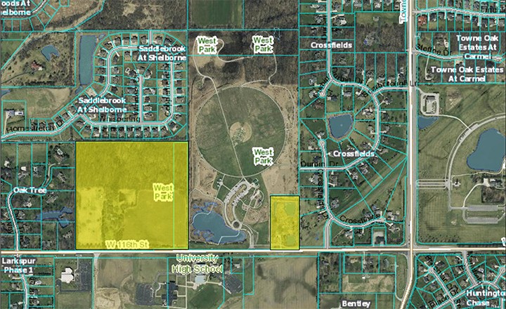 About 45 acres of West Park, highlighted on the map, is undeveloped. West Park, Carmel, IN (Submitted photo)