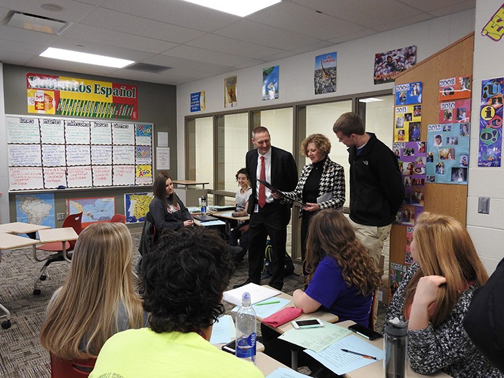 U.S. Rep. Susan W. Brooks surprised Fishers High School student Grayson Faircloth during his Spanish class Feb. 9 to congratulate him for winning the Congressional App Challenge for Indiana’s 5th District. (Submitted photo)