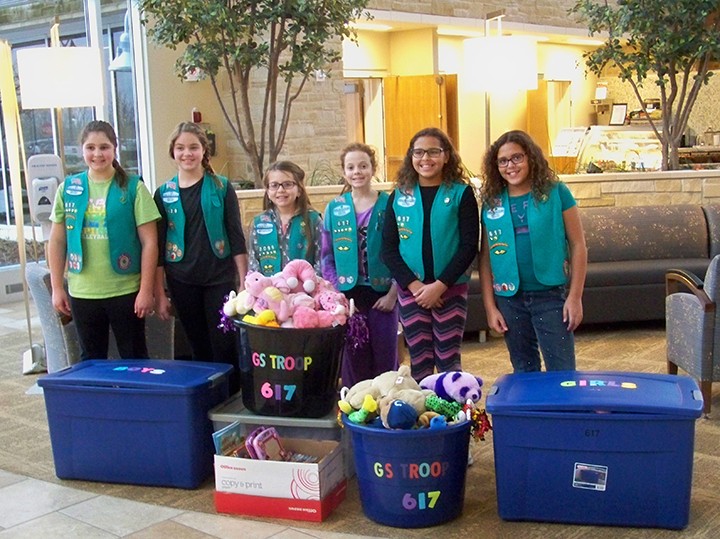 Working toward its Bronze Award, Girl Scout Troop 617 accumulated and donated a collection of stuffed animals and books to be given to children at IU Health Saxony Hospital. Pictured, from left, are Sage Ladaig, Katherine Wincek, Anabella Dentler, Daniela Boyer, Faith Mackenzie and Trinity Mackenzie. Not pictured are troop members Sara Cains and Ella Powell.