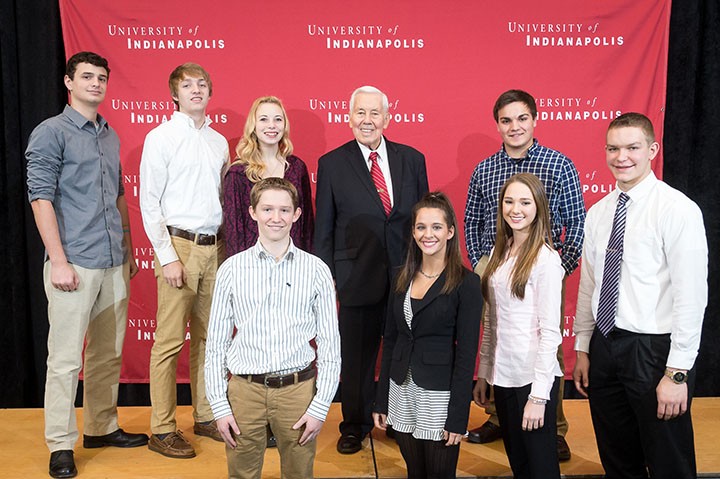 The 39th Annual Richard G. Lugar Syposium for Tomorrow's Leaders was held for Indiana high school students in UIndy's Ransburg Auditorium on Saturday, December 6, 2015, with county group photos afterwards in the ARC dome.   (Photo:  D. Todd Moore, University of Indianapolis)
