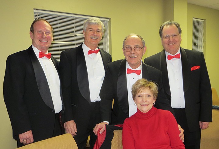 Quartet members left to right, Pat Stevens, lead; Terry Silke, Baritone, Jack Shaffer, tenor, and Skip Kropp, base with Singing Valentine recipient Suzie Shaffer. (Submitted photo)