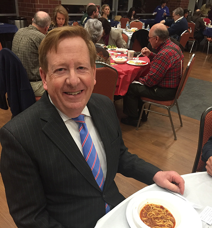 Carmel Mayor Jim Brainard enjoys a bowl of chili at the Carmel Clay Republican Club’s Chili Supper. (photo by Adam Aasen)