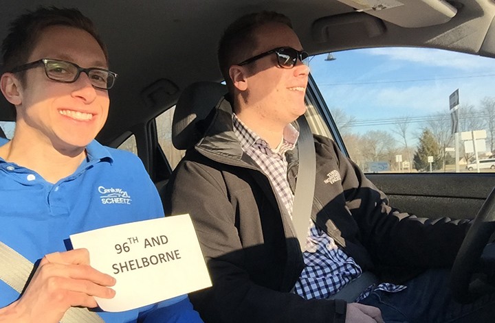 Garrett Brooks, left, and Kevin Patterson circled 91 roundabouts in Carmel on Jan. 30. (submitted photo)