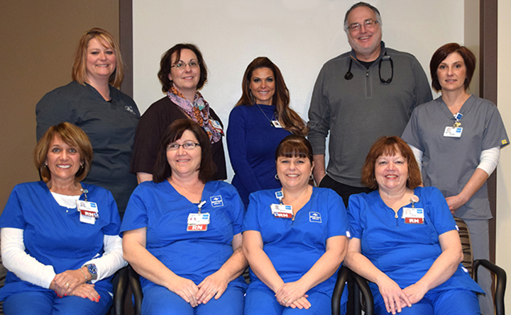 The Riverview Health Wound Care Team. Front, from left, Carol Gelatt, RN, Jayme Scherer, RIN, Lori Tindall, RN, and Rita Webb, RN; back, from left, Shana Tenbrook, CHT, Shannon Smith, NP, Crystal Whisler, Tracey Ikerd, MD, and Debbie Neal. (Submitted photo)