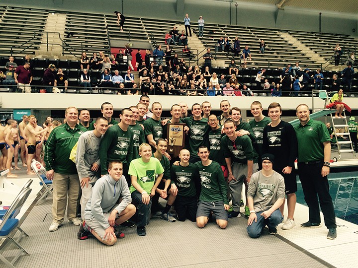 Zionsville celebrates its second place finish at the boys state high school swimming meet. (Photo by Mark Ambrogi)