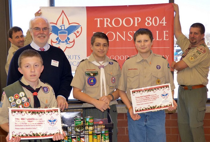Back, from left, Dan Bradley, Greg Hoyes, middle row, Larry Schultz, Zach Hoyes, Taylor Kiefer, and front, David Bradley, helped with Troop 804’s donation drive. (Submitted photo)