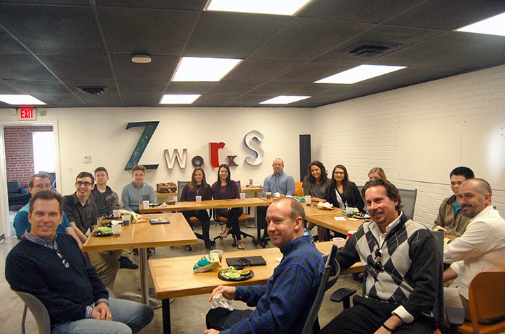 Students and entreprenuers gather for lunch at zWORKS. (Photo by Heather Lusk)