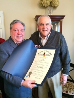 State Rep. Jerry Torr presents the Sagamore of the Wabash award to Alan Potasnik, a member of the Carmel Plan Commission and former member of the Carmel City Council. The award goes to musicians, politicians, activists, local heroes, citizens and more who have contributed greatly to "Hoosier" heritage. (Submitted photo)