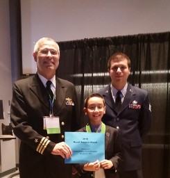 Matthew Alcantara receives the Office of Naval Research 2016 Naval Science Award for Excellence from Commander Alan Ford of the U.S. Navy and his son, Staff Sgt. David Ford of the U.S. Air Force. (Submitted photo)