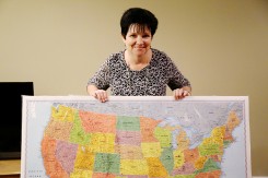 Marilyn Bullock created a map with pins in the places she’s shipped care packages. (Photo by Feel Good Now)