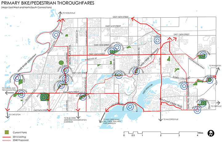 This map shows the city’s current and proposed future bicycle and pedestrian paths connecting Fishers’ parks and resources. (Submitted map)