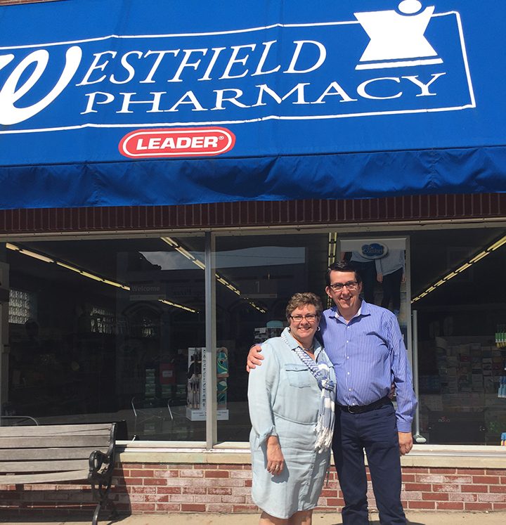 Becky and Dave Weiss will celebrate the Westfield Pharmacy’s 35 years with a community cookout on June 4. (Photo by Anna Skinner)