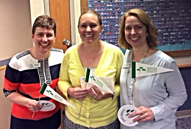 Pleasant View music teacher Rebecca Hampton, center, celebrates her grant with ZEF board members Theresa Knipstein-Meyer, left, and Tracy Coussens. (Submitted photo)