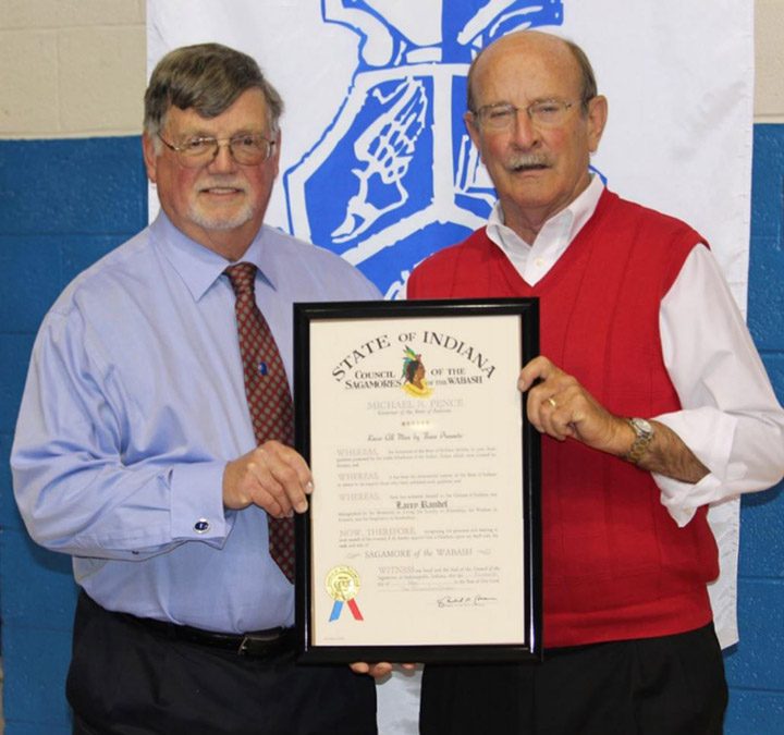 David White, left, presents the Sagamore of the Wabash to Larry Randel. (Submitted photo)    