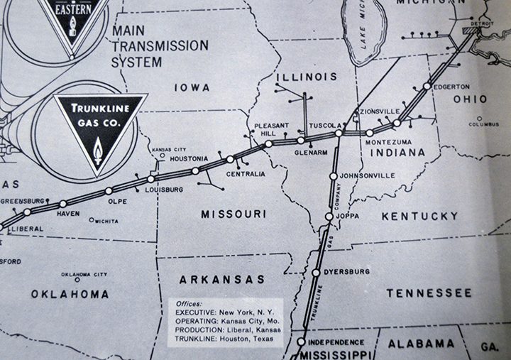 This graph, published in 1965, shows the pipe line’s route from Texas to Michigan. The starting point is centered where the gas is found in the mid-continental area, which encompasses Oklahoma, Kansas and Texas, and the Gulf Coast states of Louisiana and Texas. Primary offices in 1965 were in New York, N.Y; Kansas City, Mo.; Liberal, Kan.; and Houston, Texas.  (Photo courtesy of Zionsville High School)