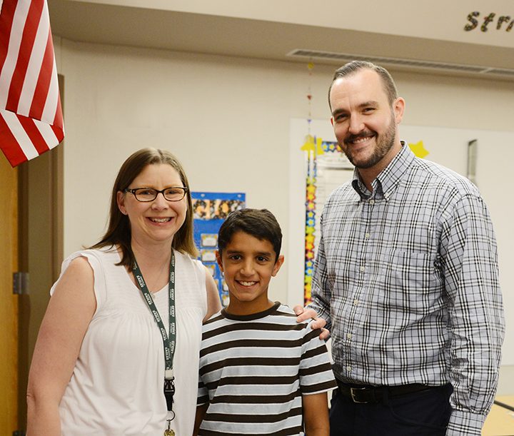 Megan Magoni, Braden Dubash and Jason Riley of Market District at the Teacher of the Month pizza party. (Photo by Theresa Skutt)