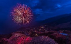 Fireworks over the Longji Rice Terraces.