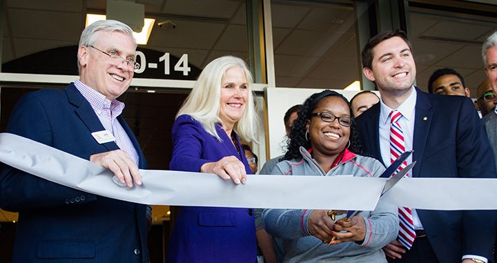 From left, Dan Canan of OneZone, Christine Altman, Mary David and Westfield Chamber of Commerce President Jack Russell cut the ribbon at Verizon Wireless’s new Smart Store. (Photo by Jason Conerly)