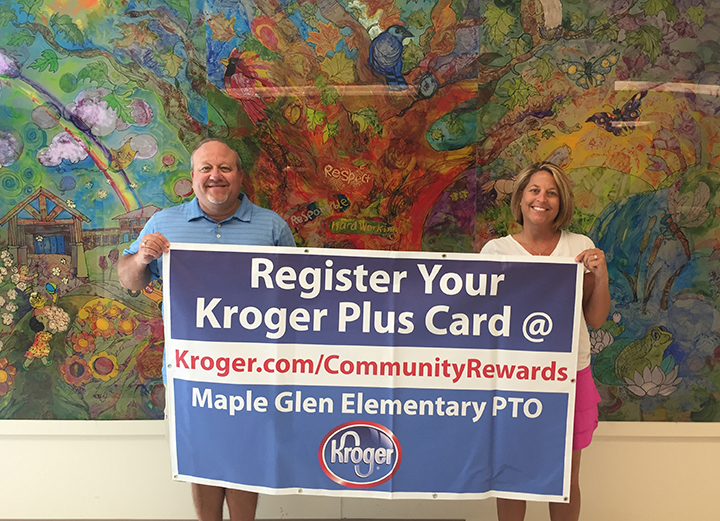 Principal Joe Montalone and PTO President Ashley Knott encourage Maple Glen Elementary School families and supporters to sign up through Kroger’s Community Awards Program to benefit the school. (Photo by Anna Skinner)
