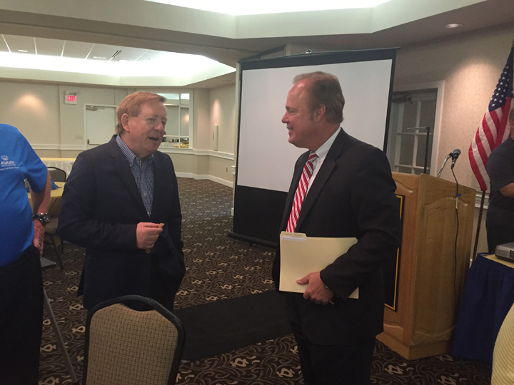 Carmel Mayor Jim Brainard, left, talks with Gerry Dick of Inside Indiana Business. (Photo by Adam Aasen)