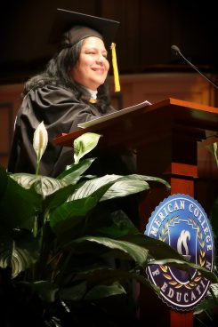 Consuelo Castillo Kickbusch gives a commencement speech at American College of Education graduation at the Palladium. (submitted photo)