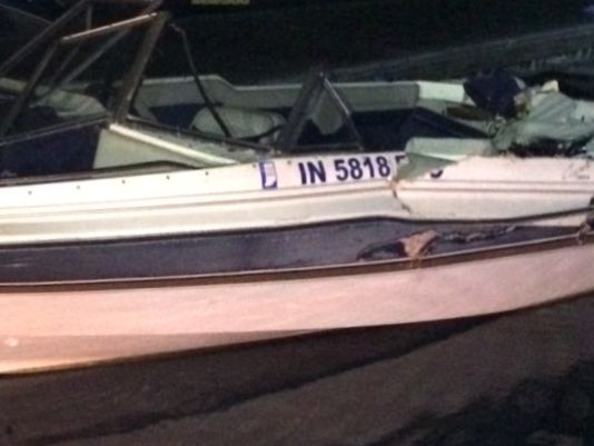 This boat, driven by John Preston, 19, of Indianapolis, crashed into another boat in the “Cocktail Cove” area of Geist Reservoir at approximately 8:49 p.m. July 27. (Submitted photo)