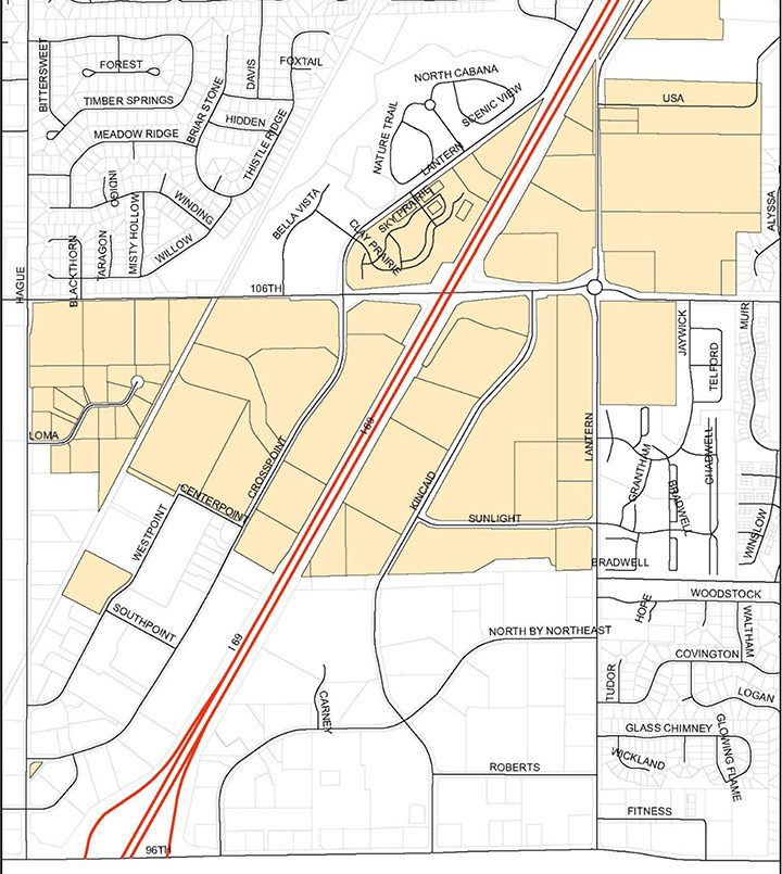The I-69 corridor between 106th and 116th streets through Fishers was the subject of temporary zoning ordinances in May and the city hoped to introduce a new ordinance at its Aug. 15 council meeting. (Submitted map)
