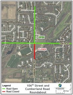 Cumberland Road just south of 106th Street is closed until late September as the first stage of construction has begun on the new roundabout at the intersection. (Submitted map)