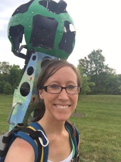 Recreation Program Coordinator Brittany Goger wears the Google Trekker during the 20 miles of walking Westfield’s trails and parks. (Submitted photo)