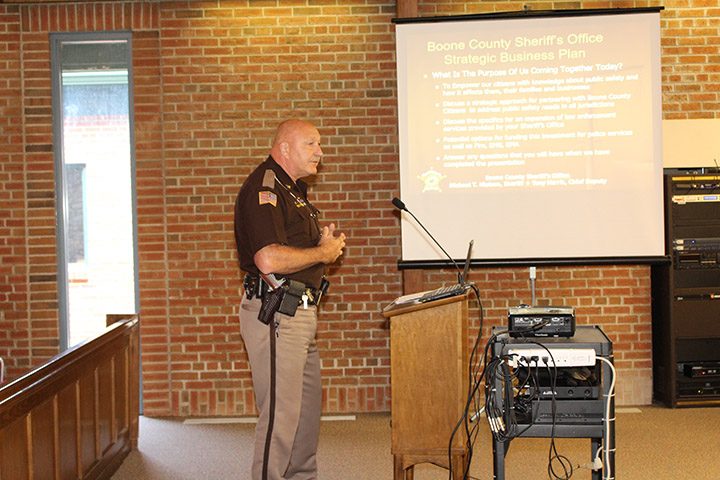 Boone County Sheriff Michael Nielsen gives a presentation on a proposed county public safety income tax to the Zionsville Town Council. (Photo by James Feichtner)
