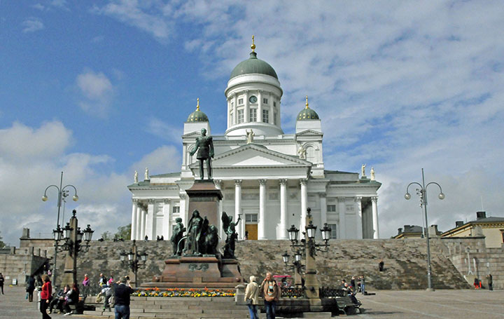Helsinki Cathedral and statue of Czar Alexander II . (Photo by Don Knebel)