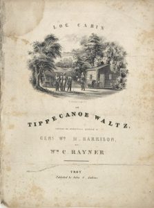 A book of music that features a little drawing of Harrison, a log cabin and hard cider. (Image courtesy of the Collection of the Indiana State Museum and Historic Sites)