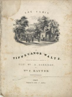 A book of music that features a little drawing of Harrison, a log cabin and hard cider. (Image courtesy of the Collection of the Indiana State Museum and Historic Sites)